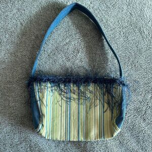 Handmade fabric green & blue striped fringe shoulder bag